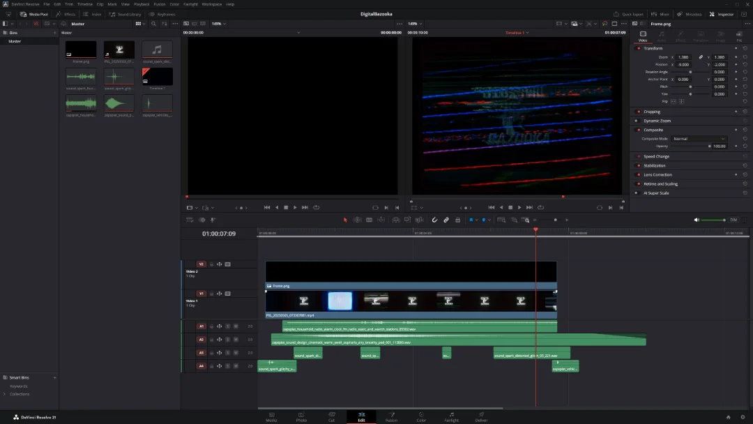 A screenshot of the project file in DaVinci Resolve.