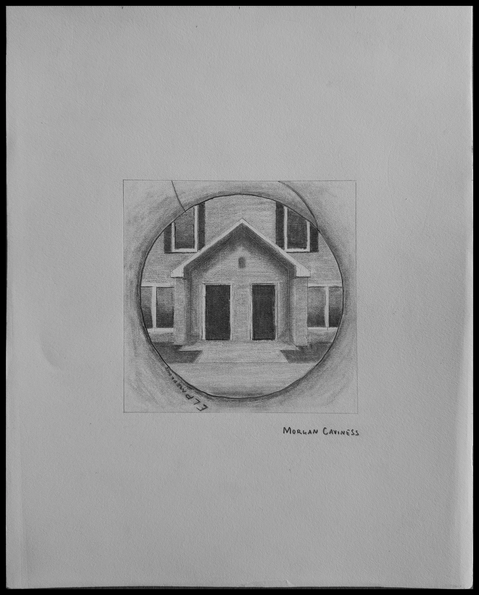 A pencil drawing of a building.