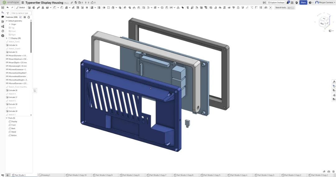 A screenshot of the typewriter design in OnShape.